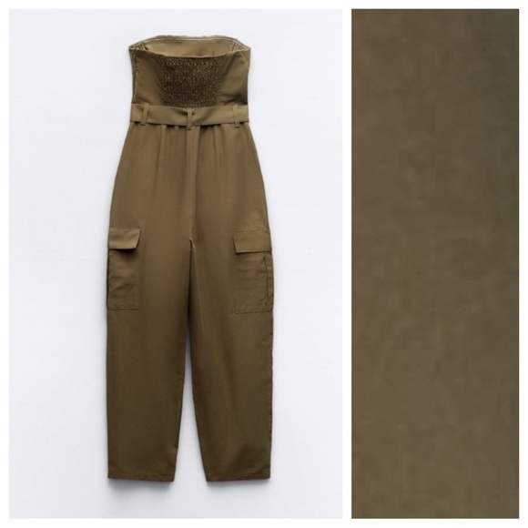 NWT. Zara Khaki Cotton Blend Strapless Cargo Belted Jumpsuit. Size M. - Picture 6 of 11